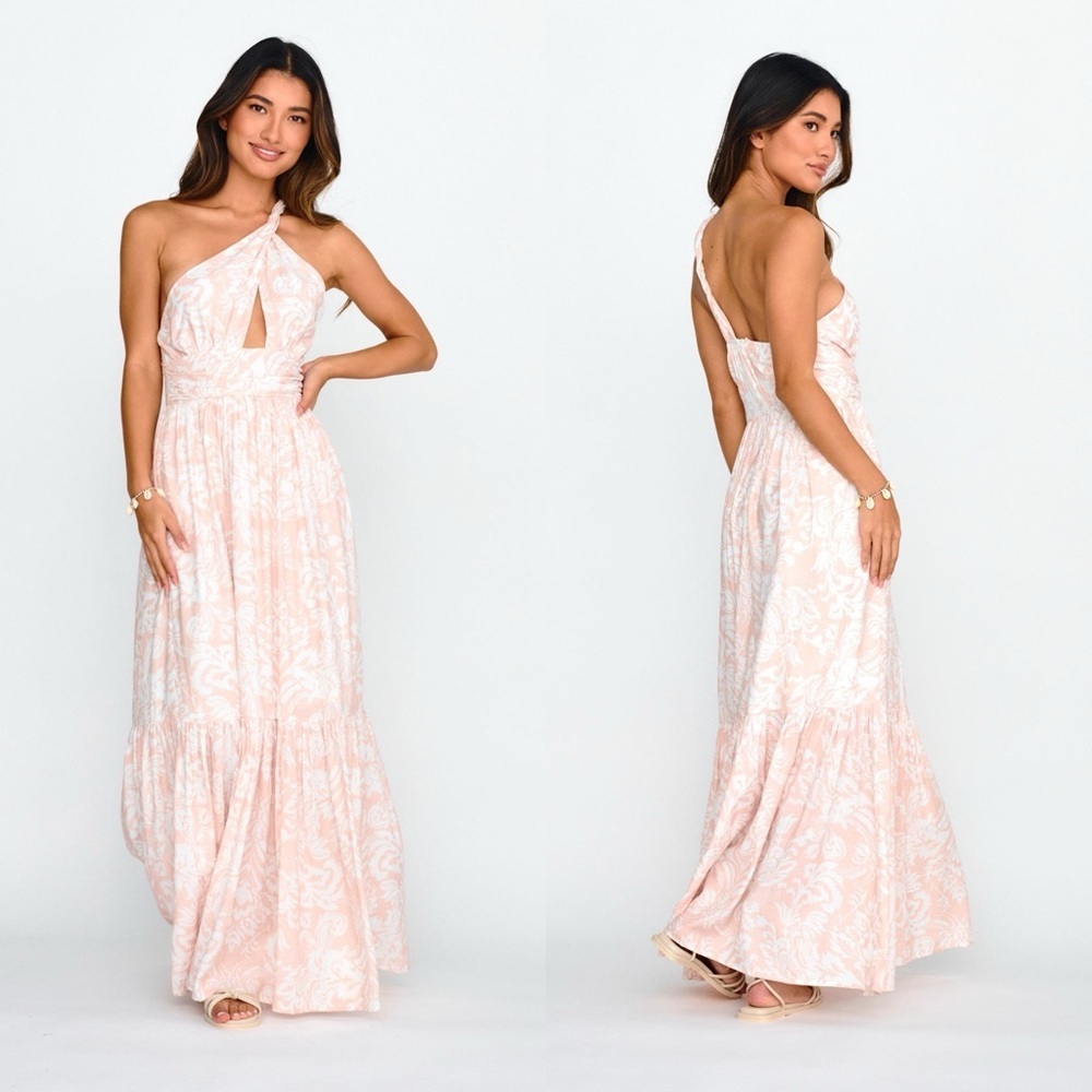 NWT Selfie Leslie Kamali Floral One-Shoulder Keyhole Maxi Dress in Beige size S